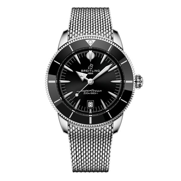 Breitling Superocean Heritage B31 automatic black dial mesh bracelet 42 mm