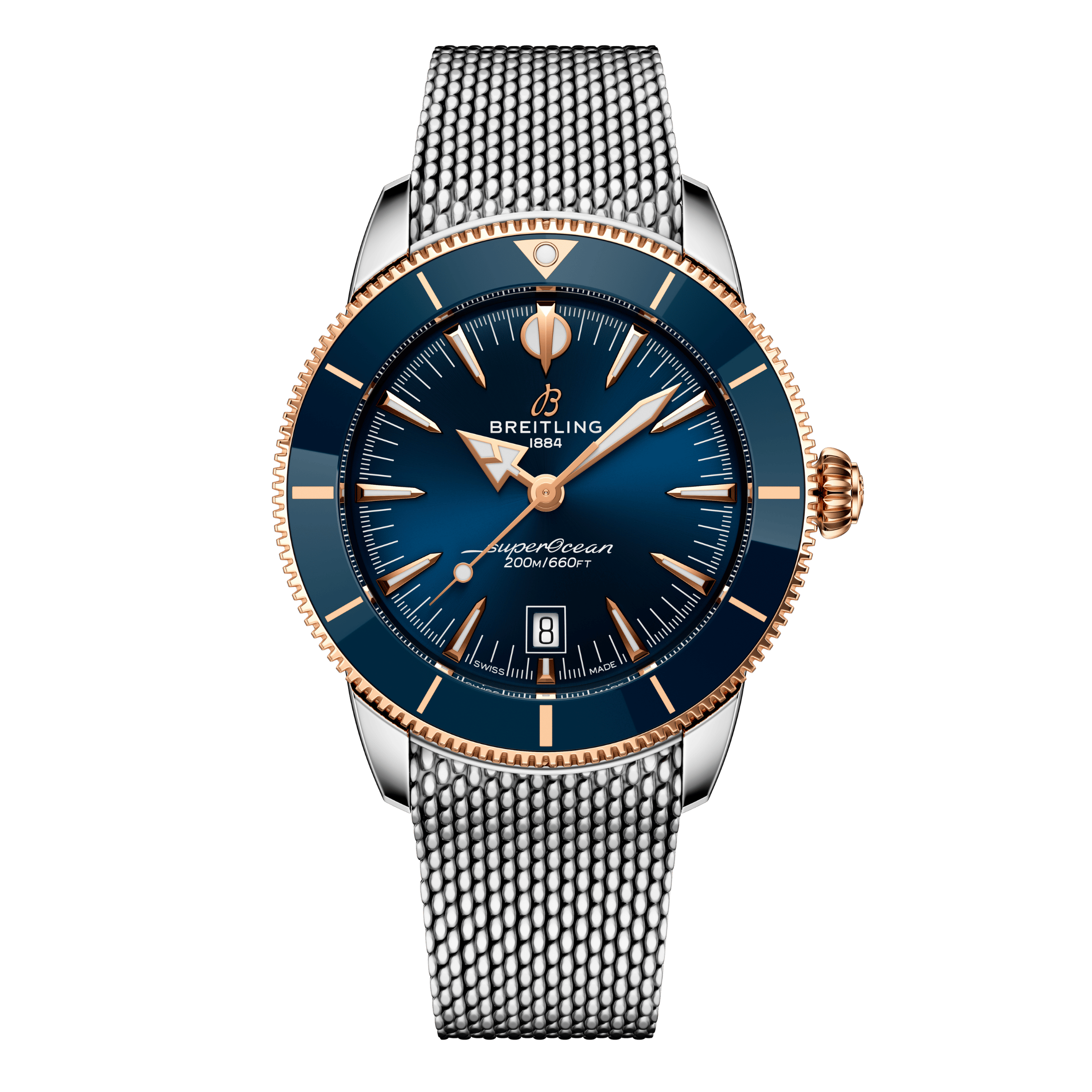 Montre Breitling Superocean Heritage B31 Acier & Or Rouge automatique cadran bleu bracelet maille milanaise 44 mm