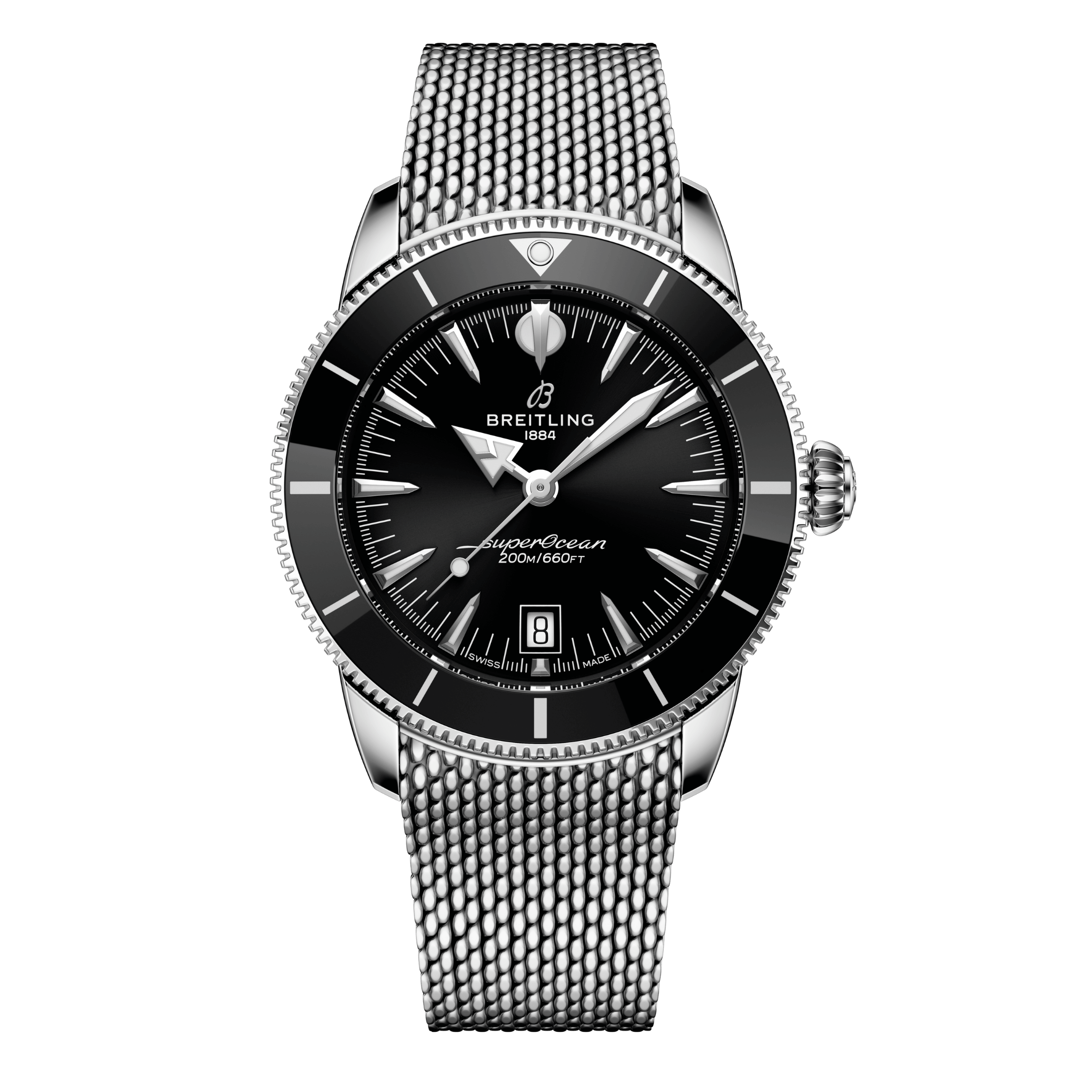 Breitling Superocean Heritage B31 automatic black dial mesh bracelet 42 mm