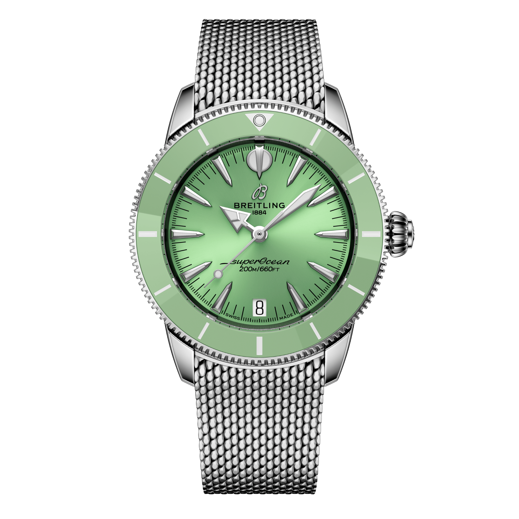 Breitling Superocean Heritage automatic green dial mesh bracelet 36 mm