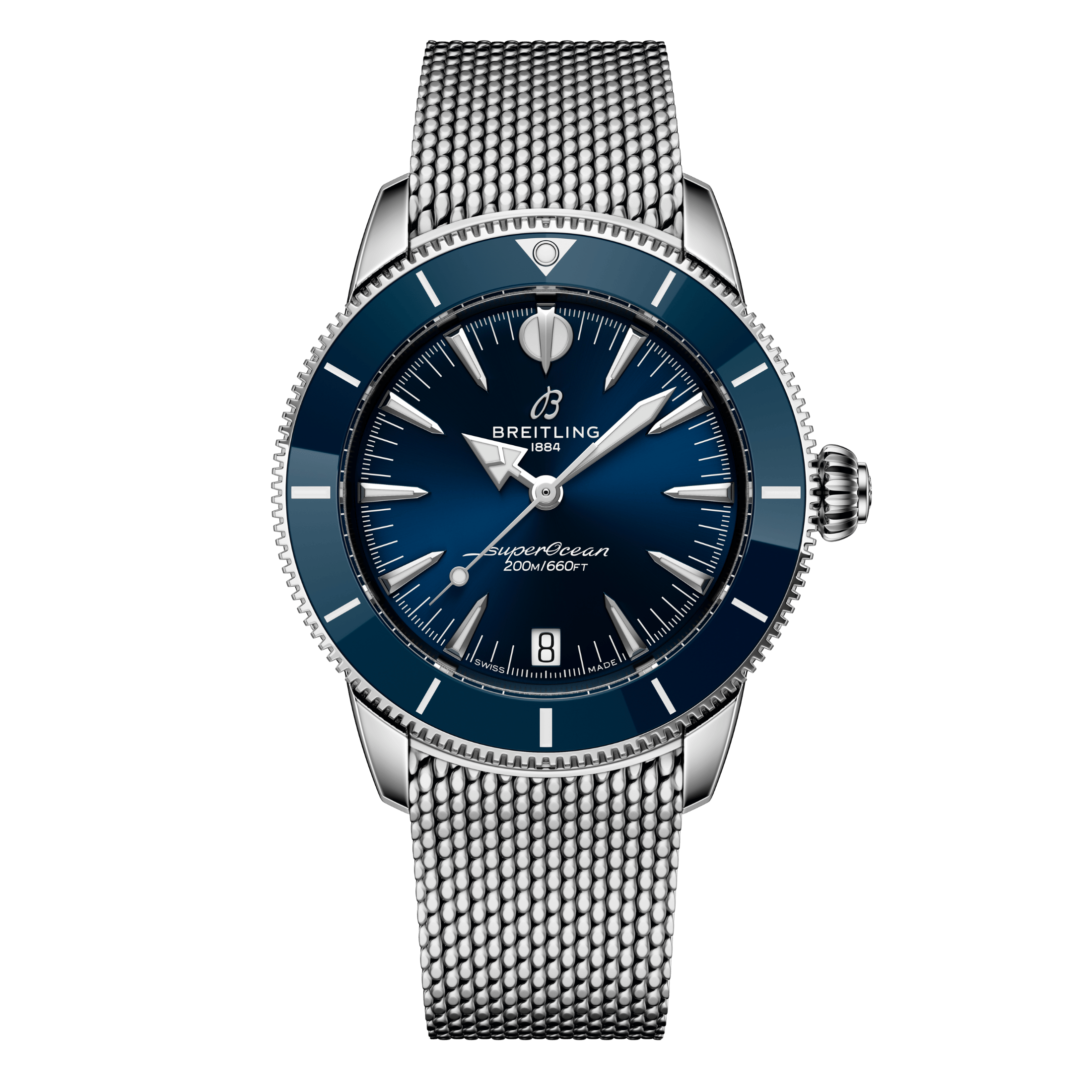 Montre Breitling Superocean Heritage automatique cadran bleu bracelet maille milanaise 36 mm