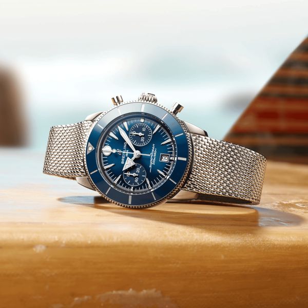 Breitling Superocean Heritage B01 Chrono automatic blue dial mesh bracelet 42 mm