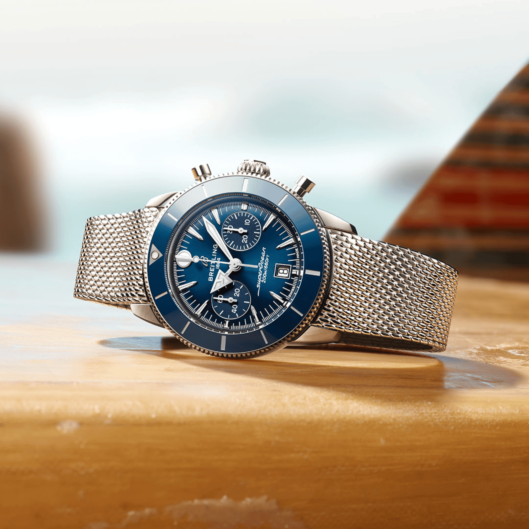 Breitling Superocean Heritage B01 Chrono automatic blue dial mesh bracelet 42 mm