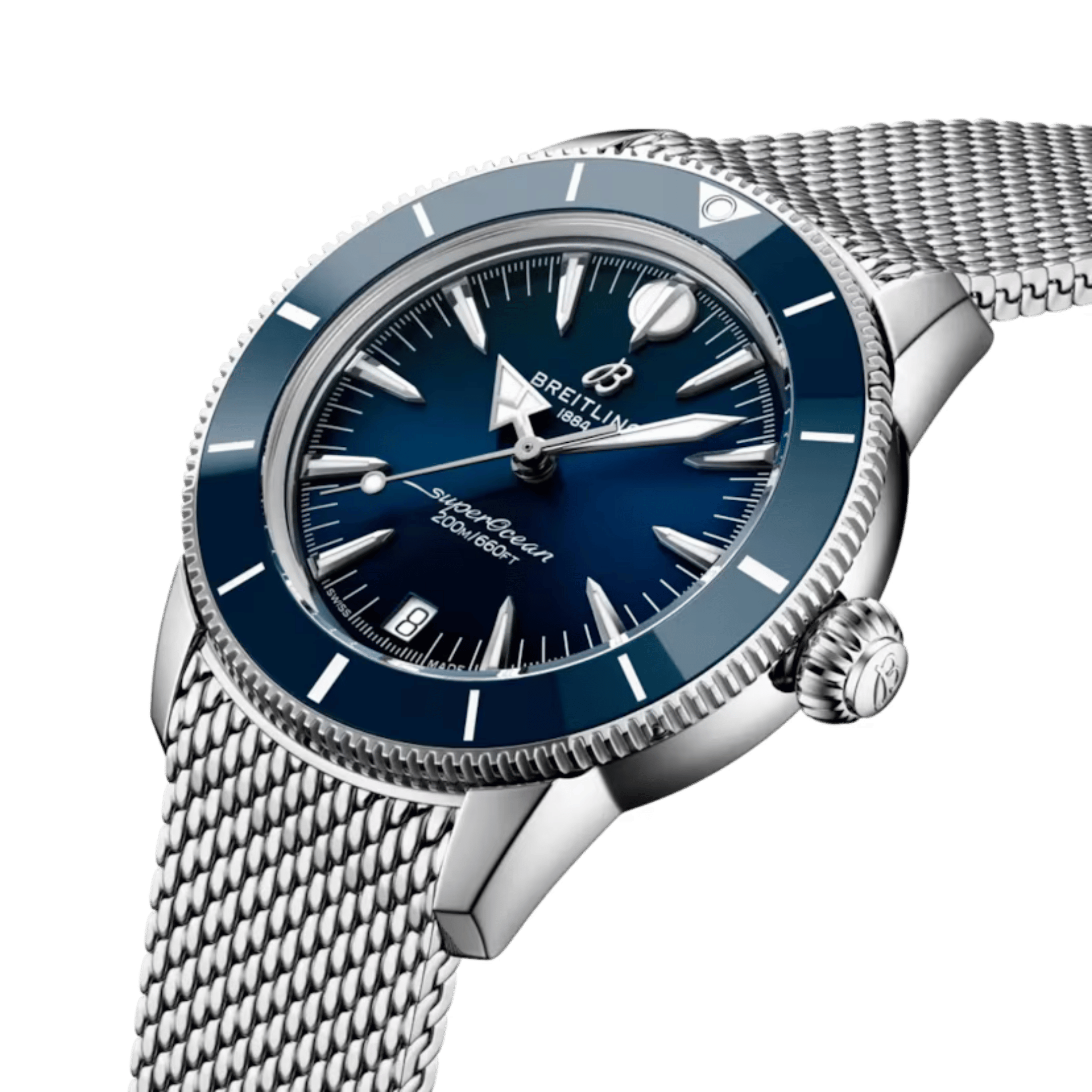 Montre Breitling Superocean Heritage automatique cadran bleu bracelet maille milanaise 36 mm