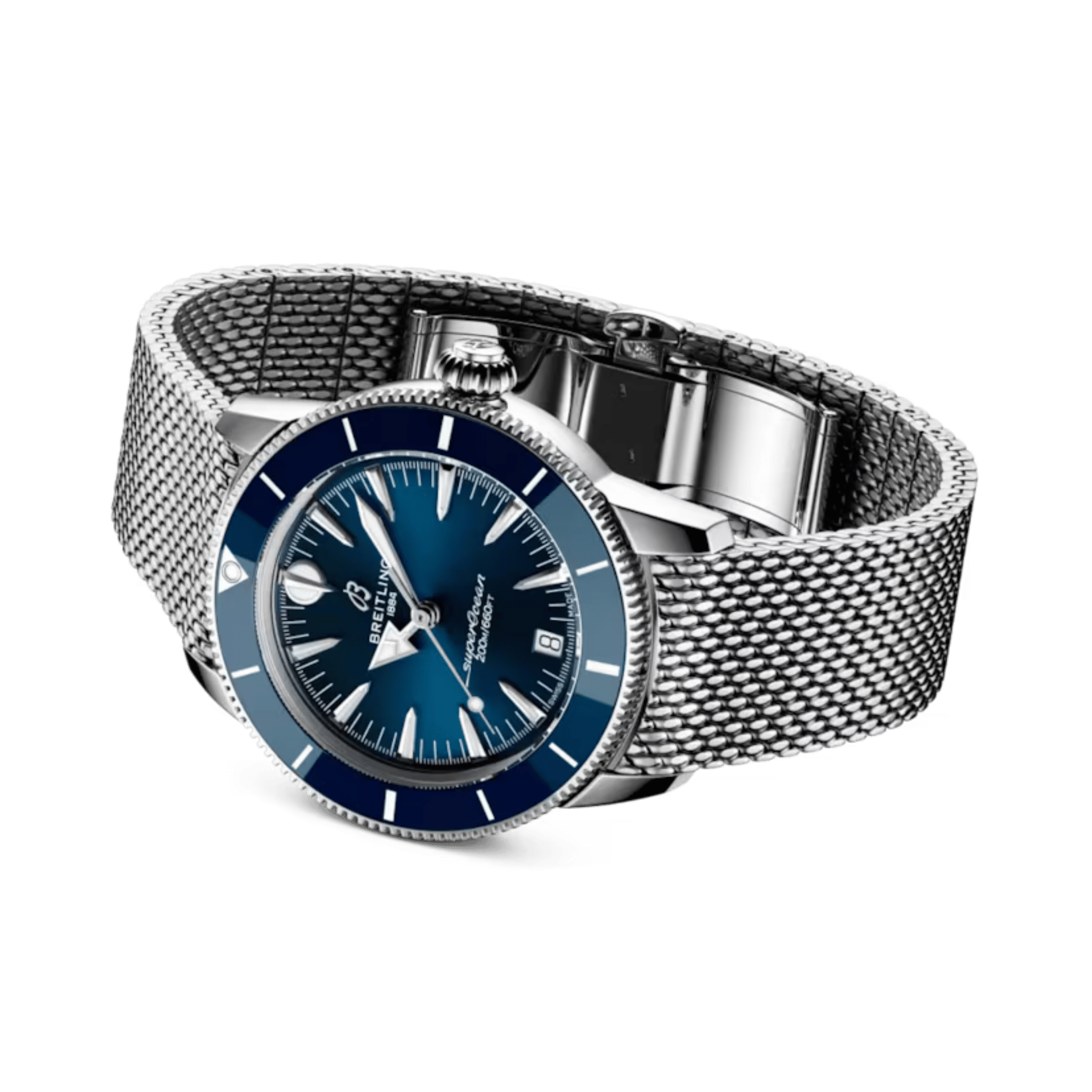 Montre Breitling Superocean Heritage automatique cadran bleu bracelet maille milanaise 36 mm