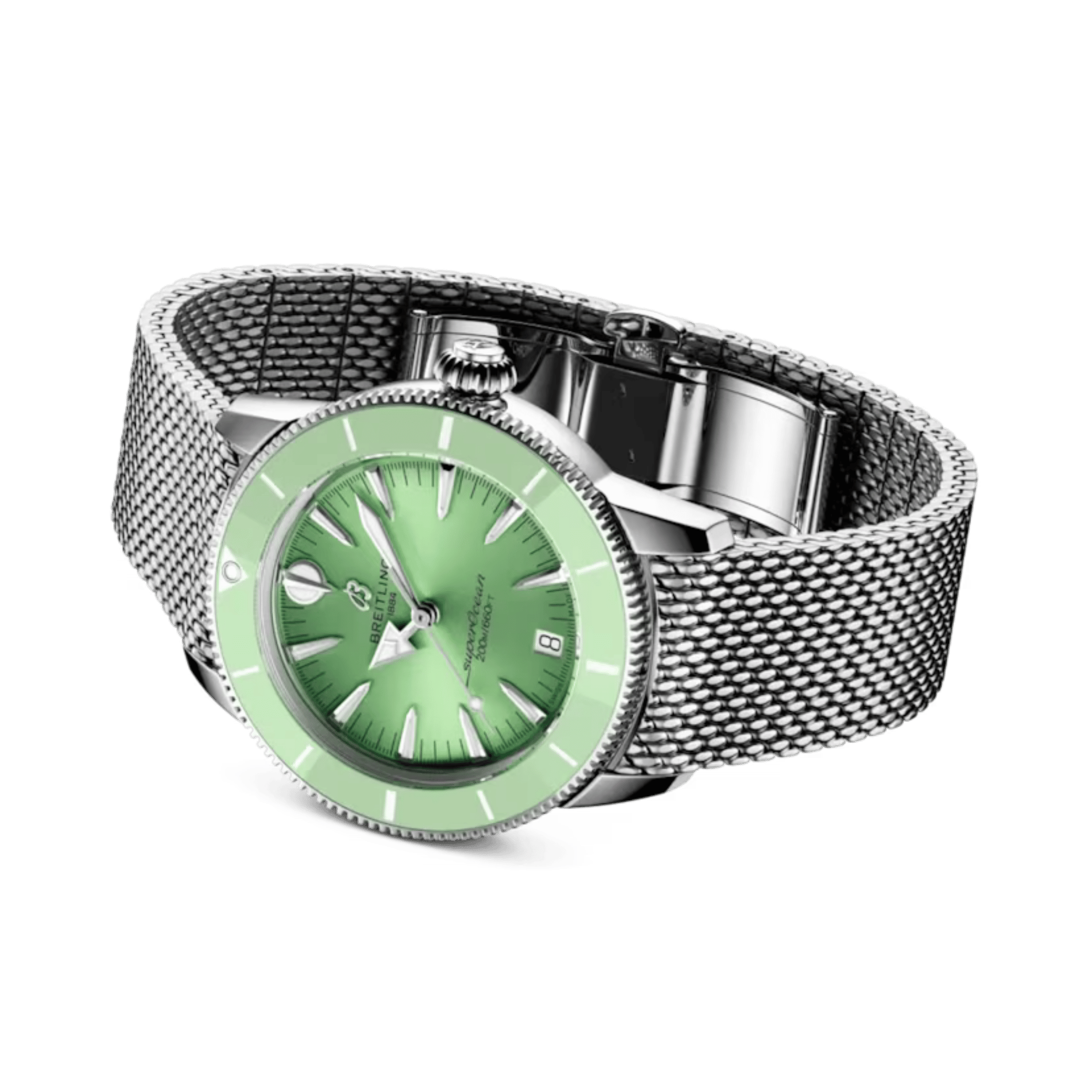 Breitling Superocean Heritage automatic green dial mesh bracelet 36 mm