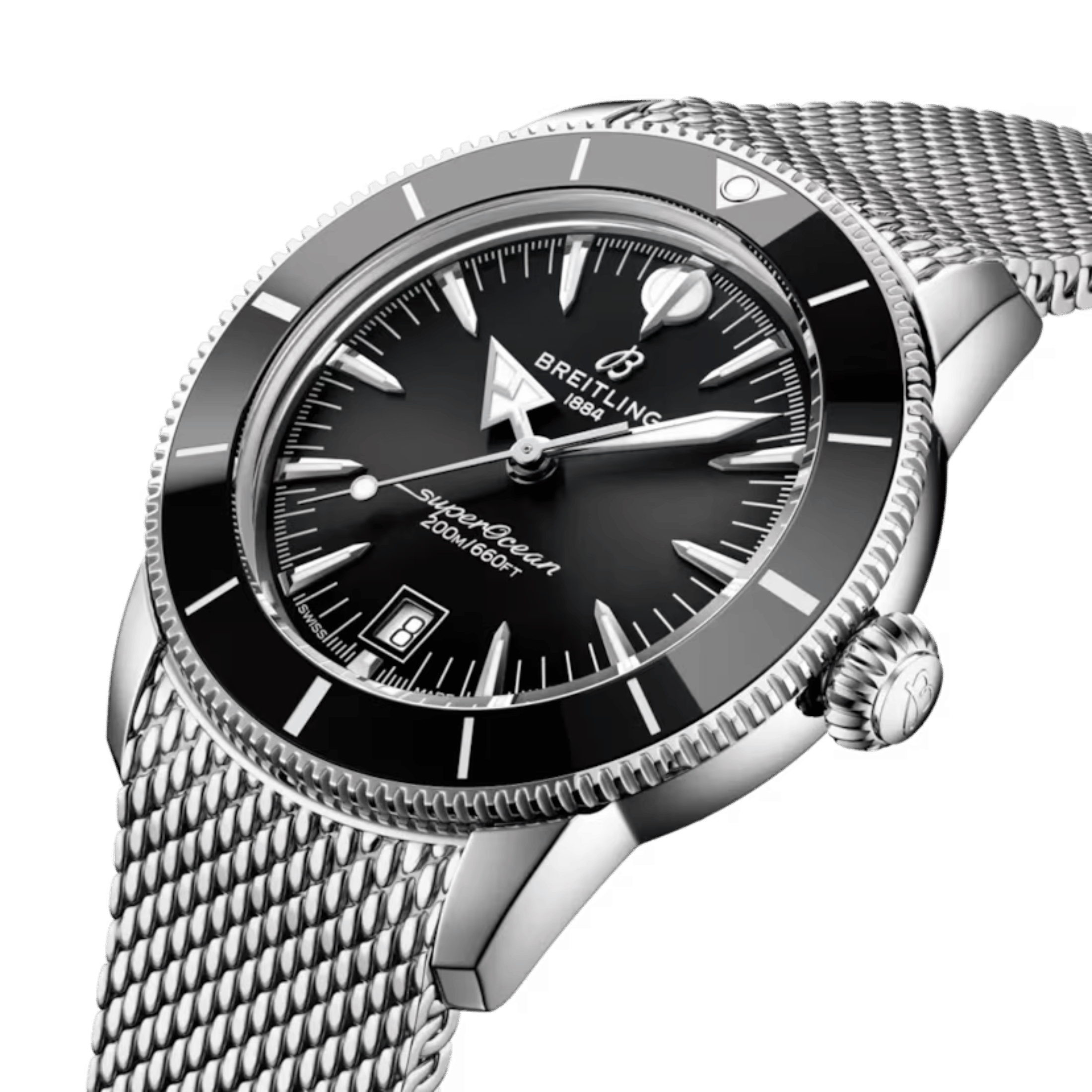 Breitling Superocean Heritage B31 automatic black dial mesh bracelet 42 mm