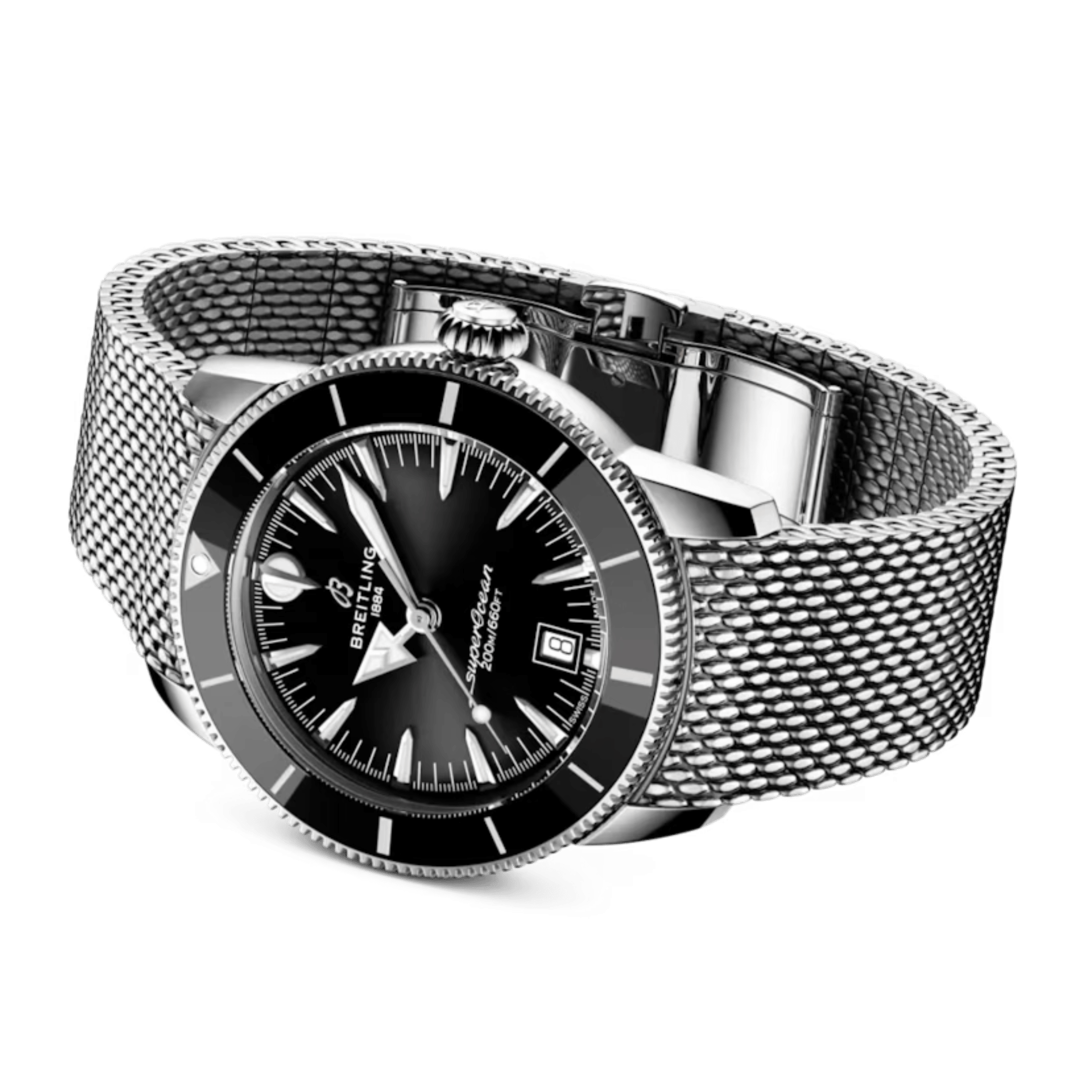 Breitling Superocean Heritage B31 automatic black dial mesh bracelet 42 mm