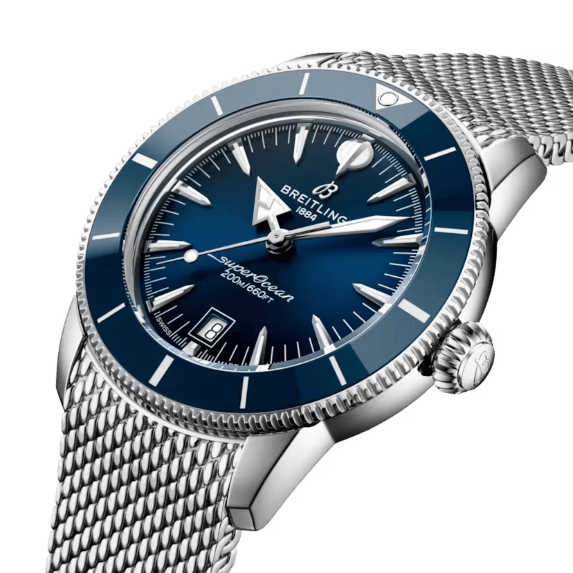 Breitling Superocean Heritage B31 automatic blue dial mesh bracelet 42 mm