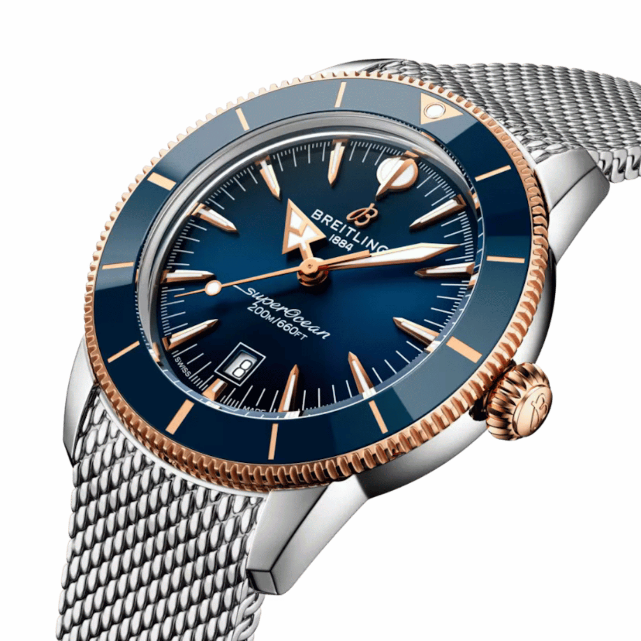 Montre Breitling Superocean Heritage B31 Acier & Or Rouge automatique cadran bleu bracelet maille milanaise 44 mm