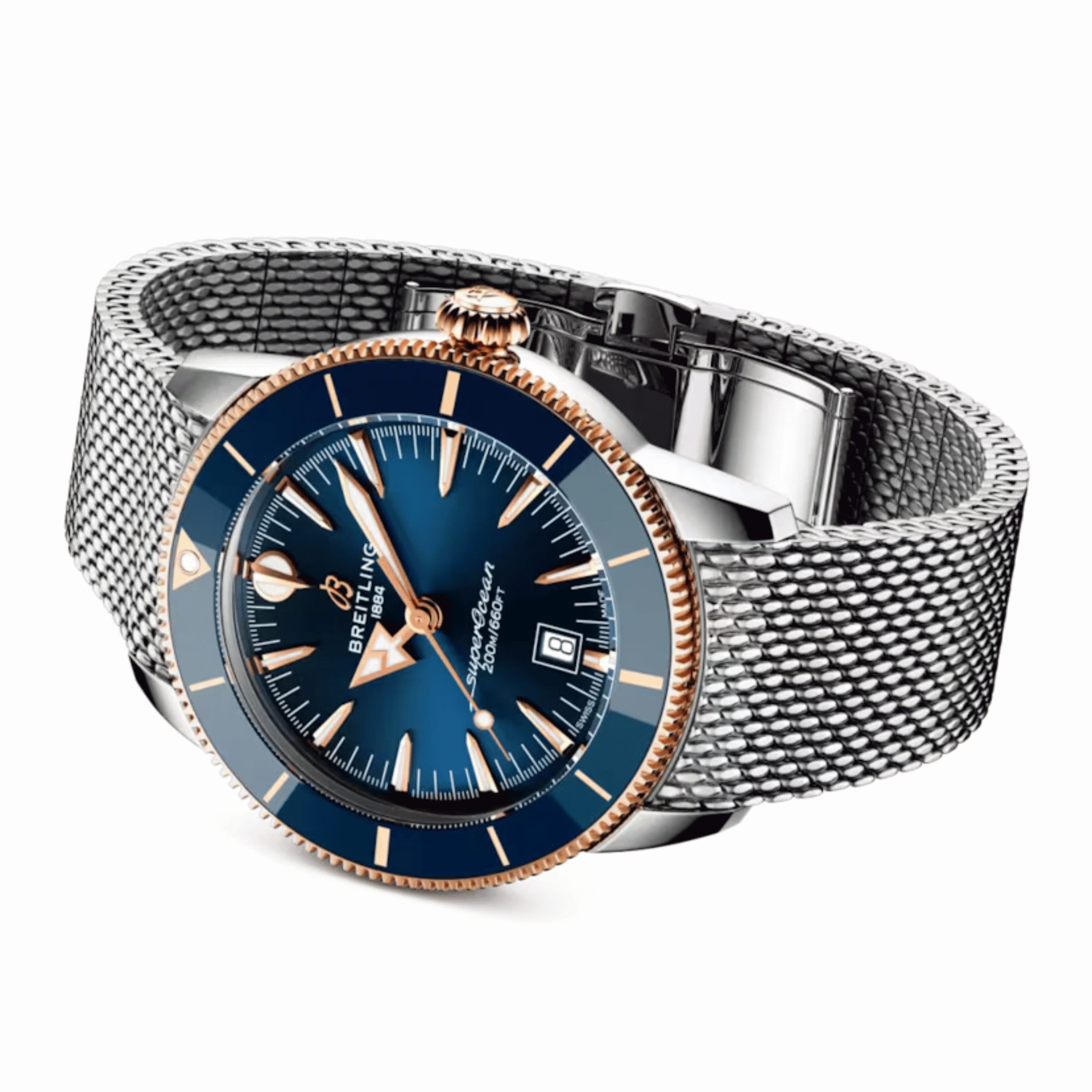 Montre Breitling Superocean Heritage B31 Acier & Or Rouge automatique cadran bleu bracelet maille milanaise 44 mm