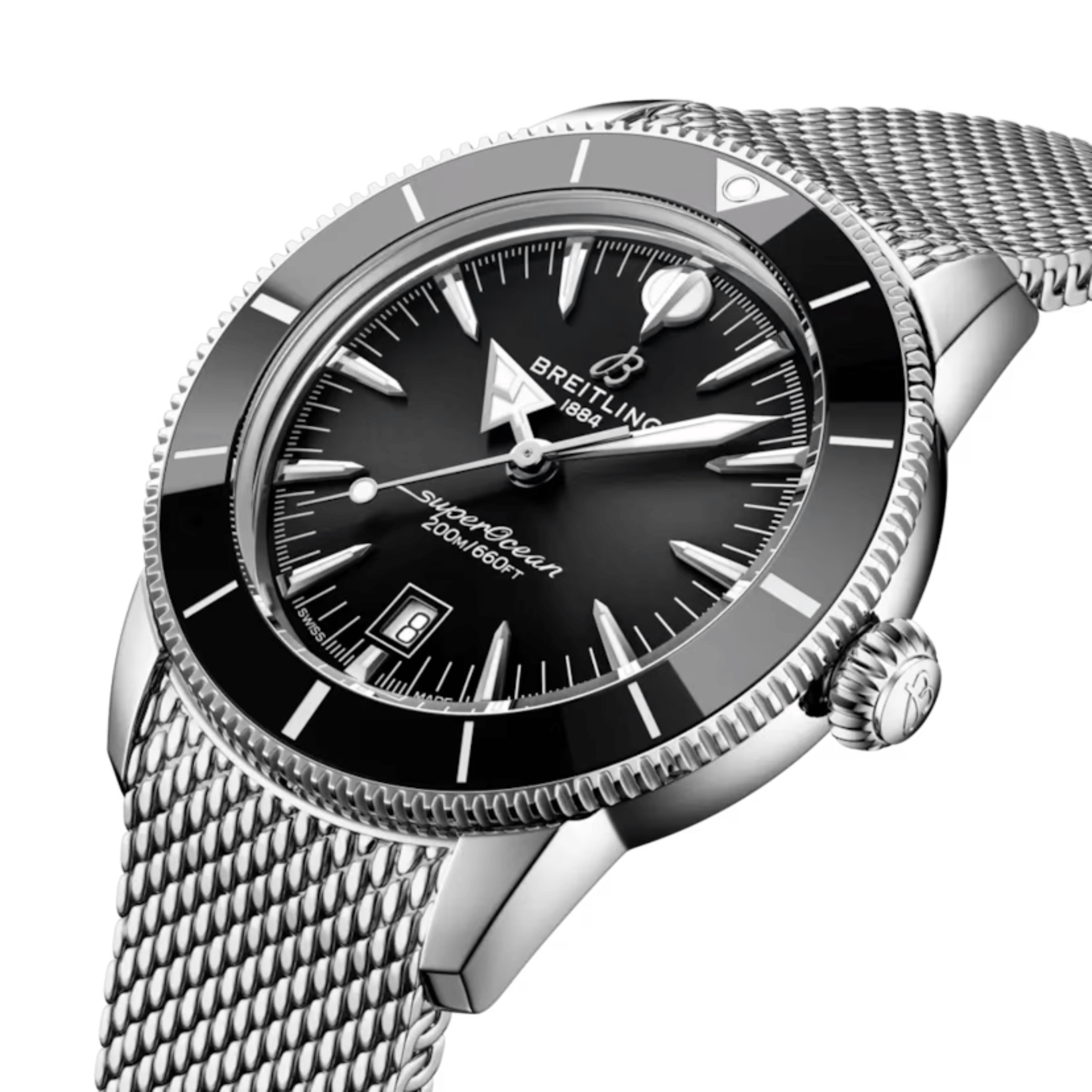 Breitling Superocean Heritage B31 automatic black dial mesh bracelet 44 mm
