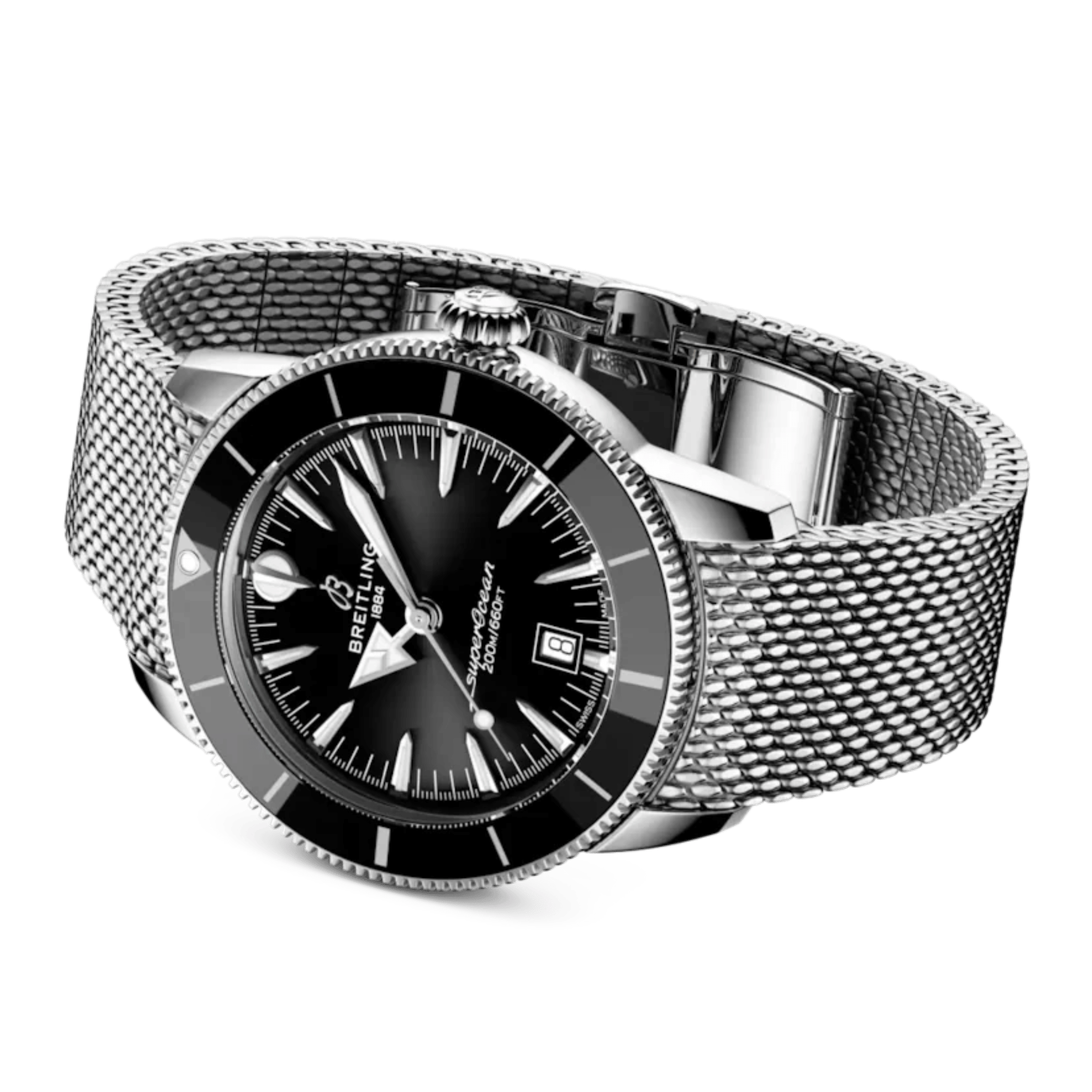 Breitling Superocean Heritage B31 automatic black dial mesh bracelet 44 mm