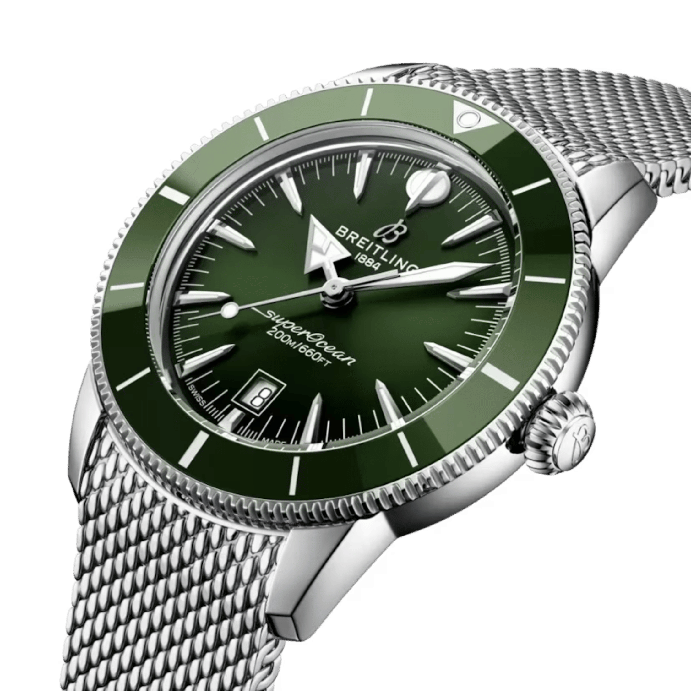 Montre Breitling Superocean Heritage B31 automatique cadran vert bracelet maille milanaise 44 mm