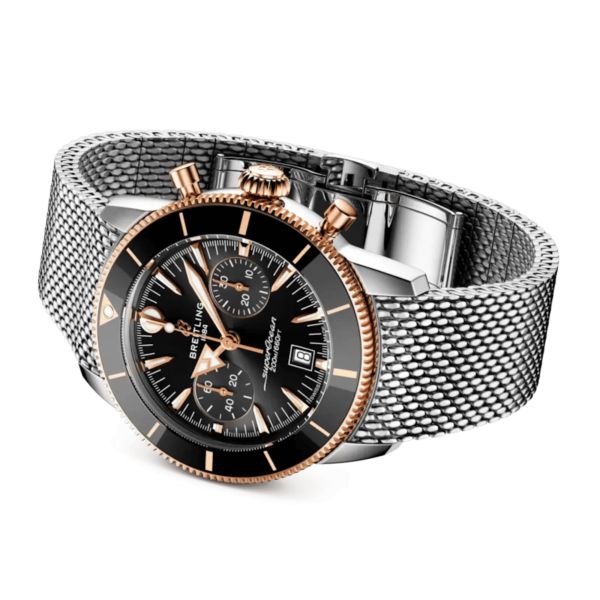 Breitling Superocean Heritage B01 Chrono Steel & Red Gold automatic black dial mesh bracelet 42 mm