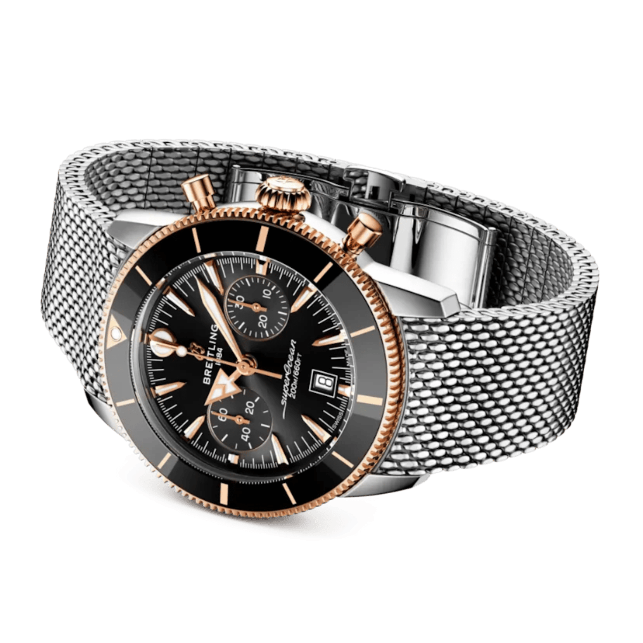 Breitling Superocean Heritage B01 Chrono Steel & Red Gold automatic black dial mesh bracelet 42 mm