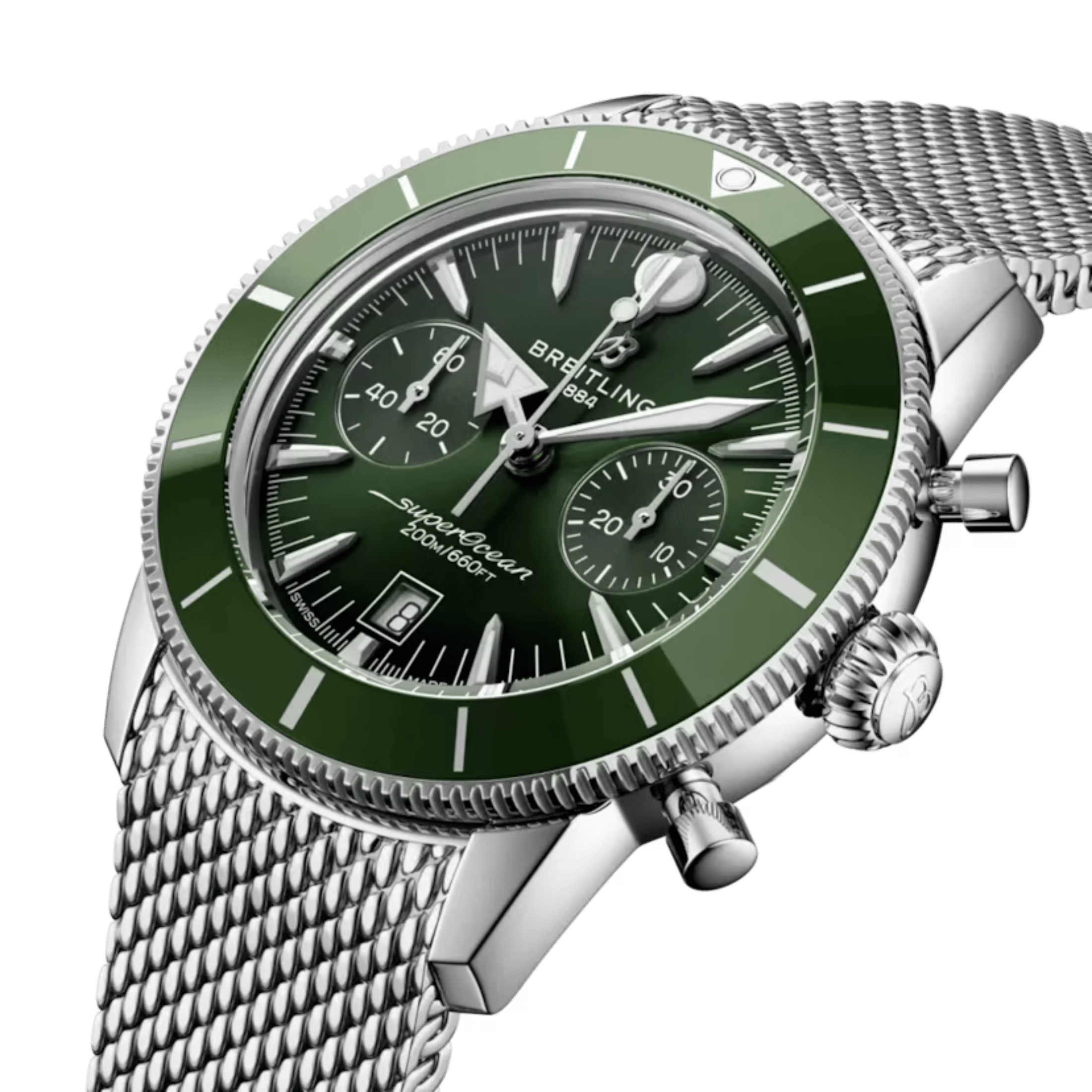 Breitling Superocean Heritage B01 Chrono automatic green dial mesh bracelet 42 mm