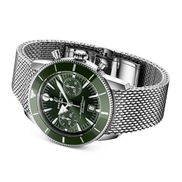 Breitling Superocean Heritage B01 Chrono automatic green dial mesh bracelet 42 mm