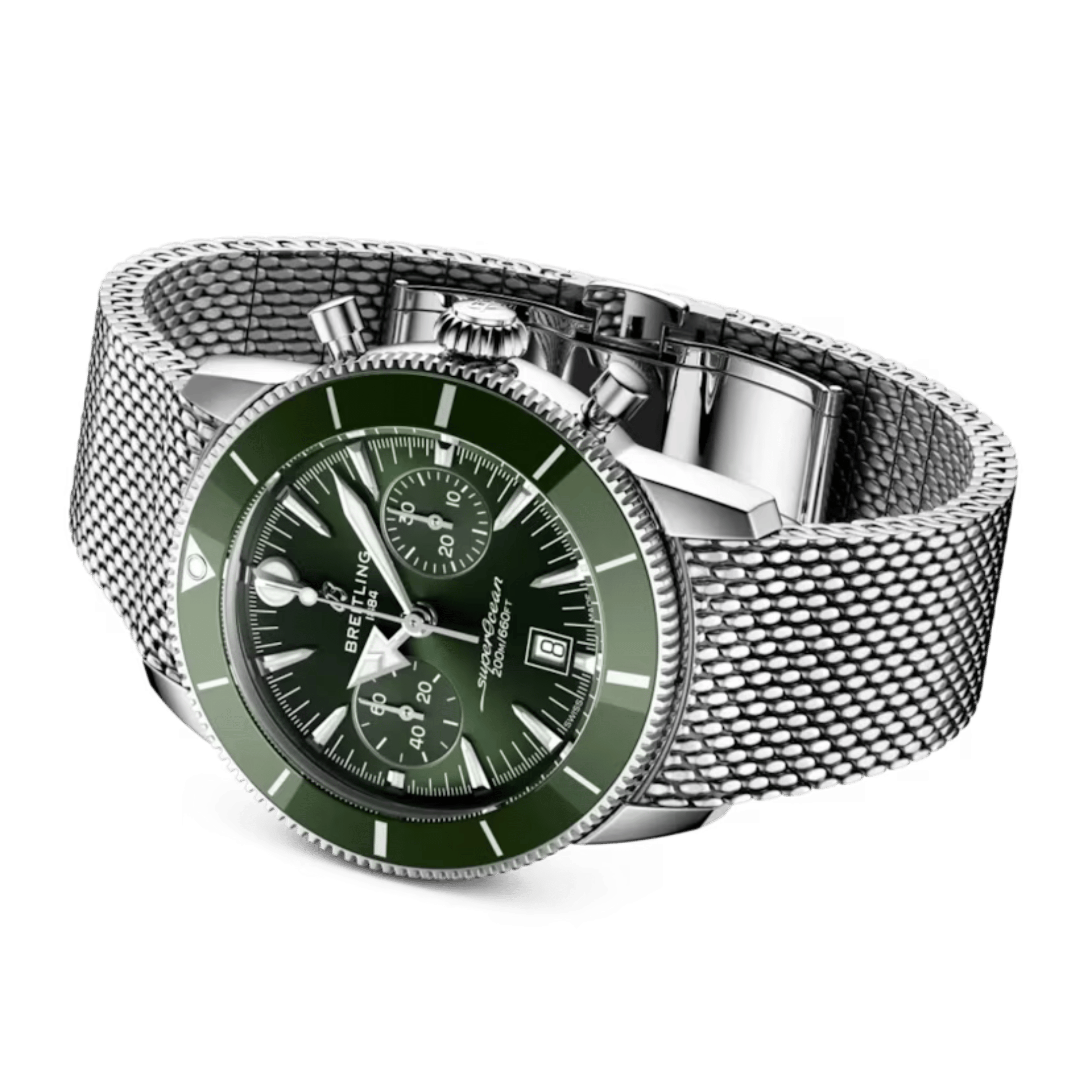 Breitling Superocean Heritage B01 Chrono automatic green dial mesh bracelet 42 mm