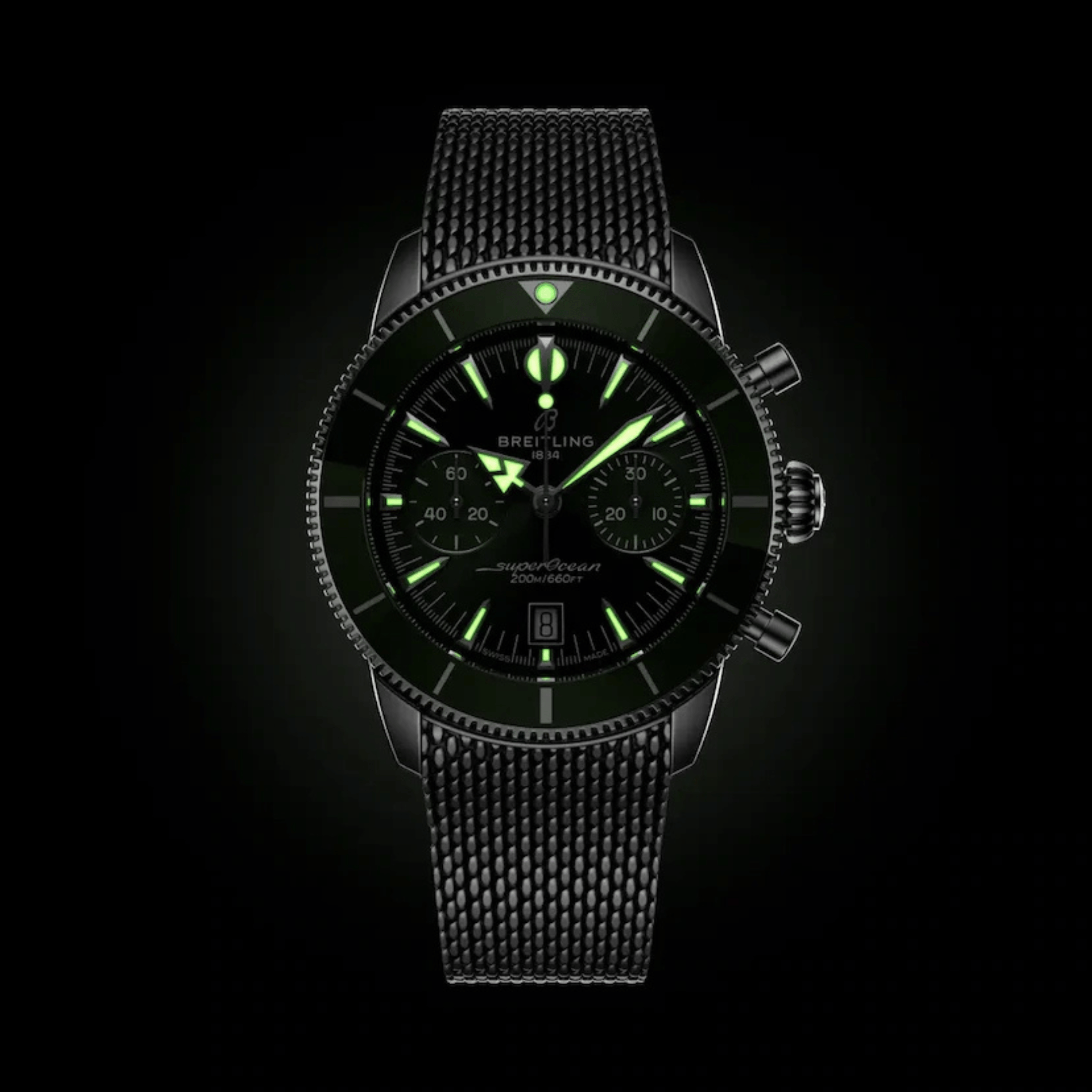 Breitling Superocean Heritage B01 Chrono automatic green dial mesh bracelet 42 mm
