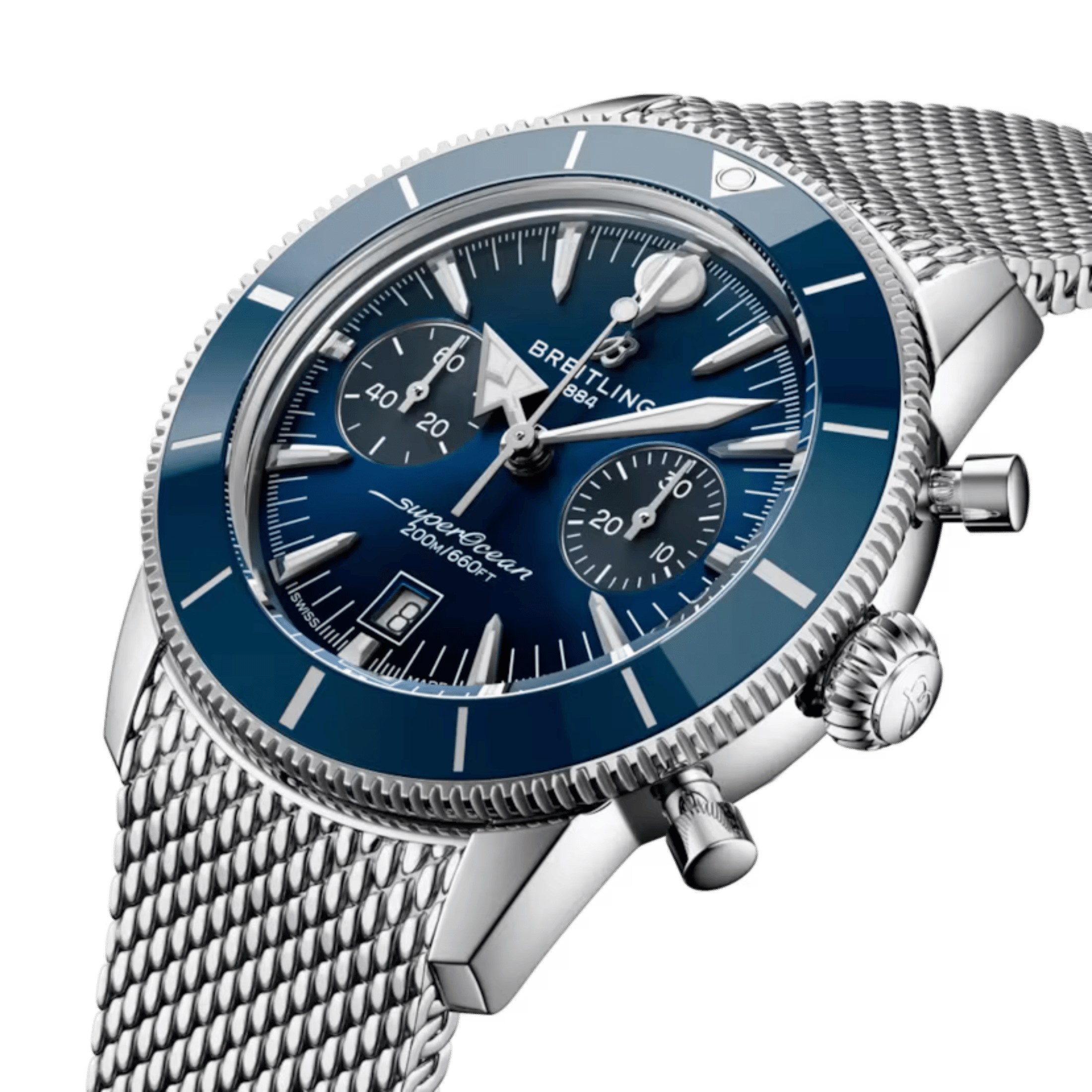 Breitling Superocean Heritage B01 Chrono automatic blue dial mesh bracelet 42 mm