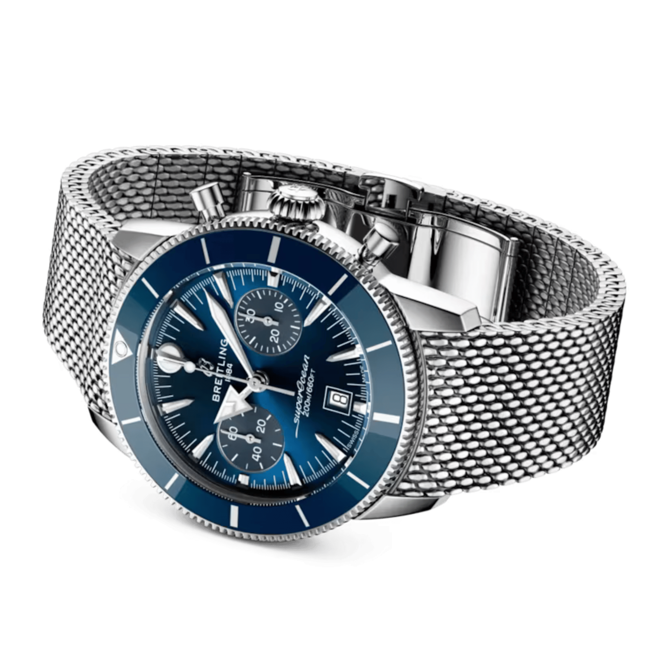 Breitling Superocean Heritage B01 Chrono automatic blue dial mesh bracelet 42 mm