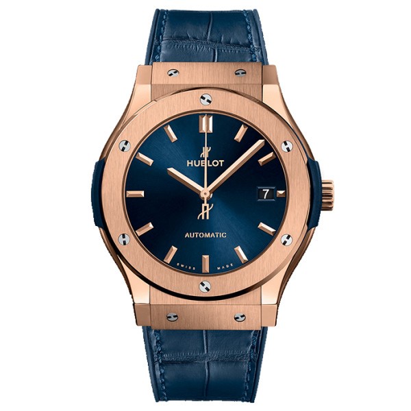 Montre Hublot Classic Fusion Blue King Gold cadran bleu bracelet cuir et caoutchouc 45 mm