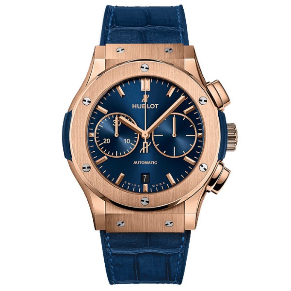 Montre Hublot Classic Fusion Blue Chronograph King Gold bracelet cuir et caoutchouc 45 mm