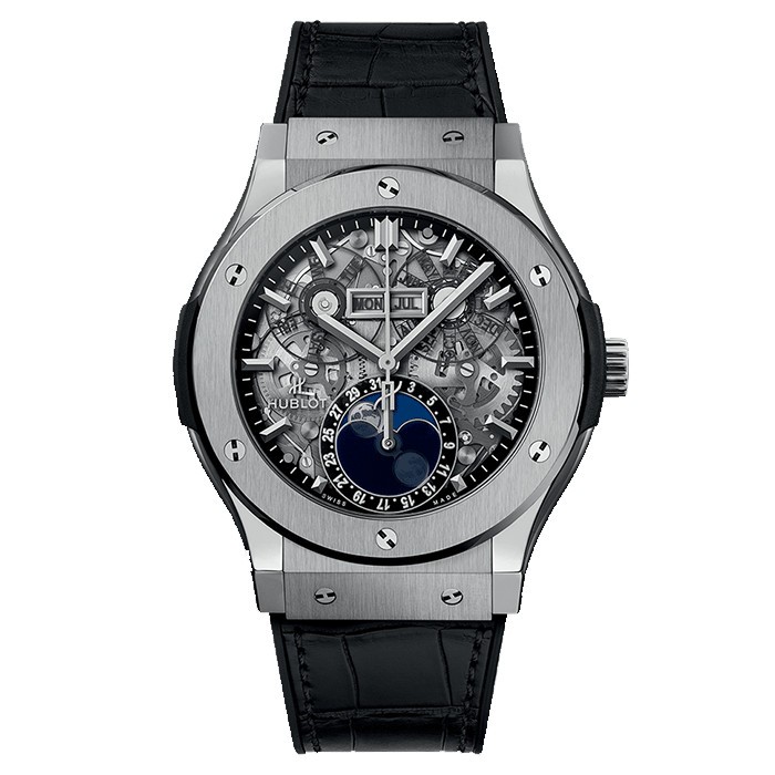 Montre Hublot Classic Fusion Aerofusion Moonphase Titanium bracelet cuir et caoutchouc 45 mm