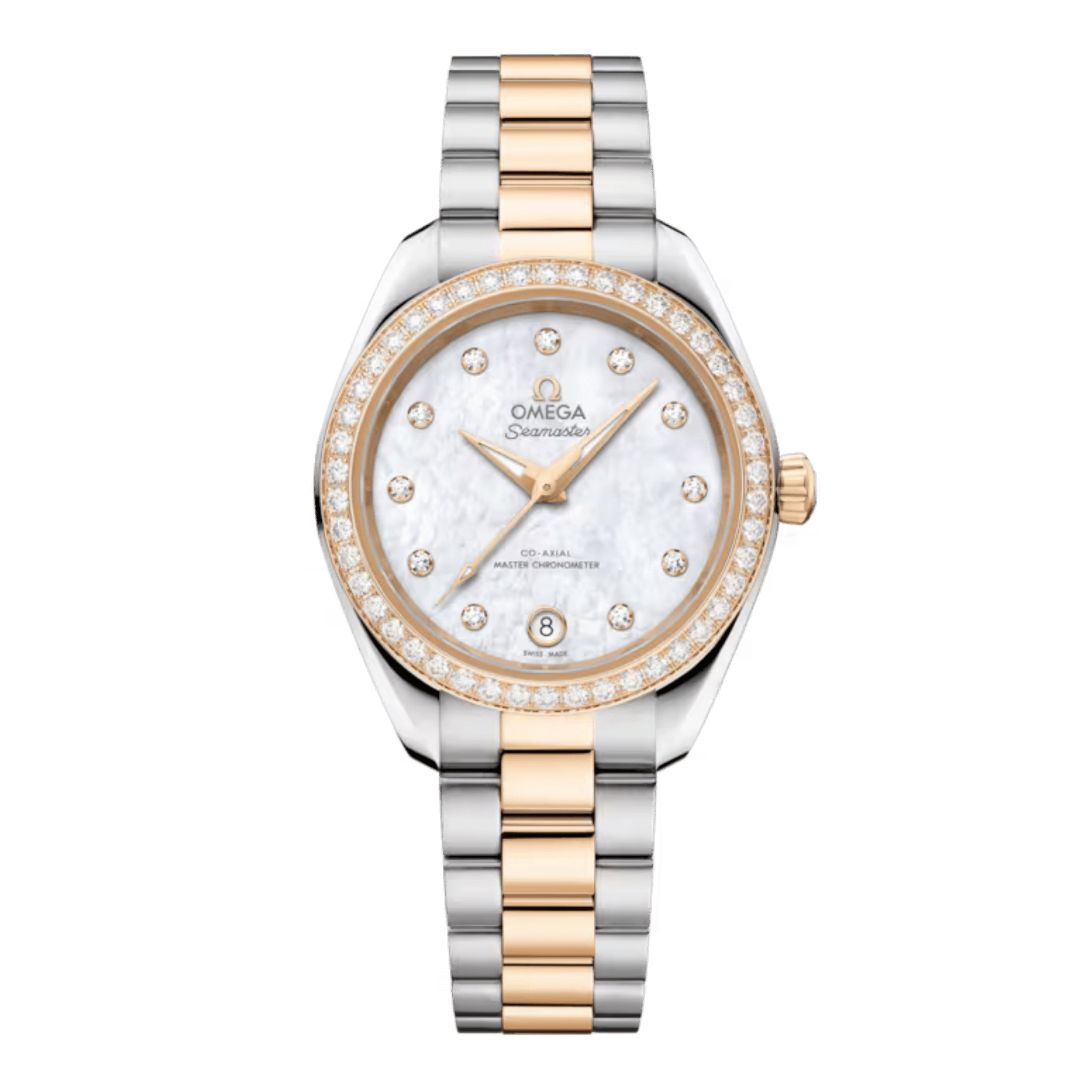 Montre Omega Seamaster Aqua Terra 150m automatique cadran nacre blanche bracelet acier et or Moonshine 30 mm