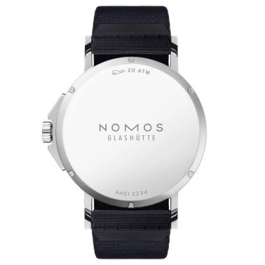 Nomos Ahoi Neomatik Date Blanc automatic stainless steel watch white dial blue black fabric strap 38.5 mm
