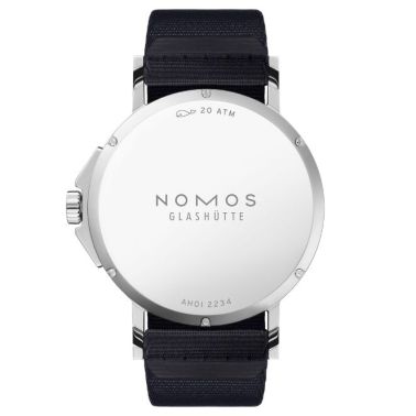 Nomos Ahoi Neomatik Date Blanc automatic stainless steel watch white dial blue black fabric strap 38.5 mm