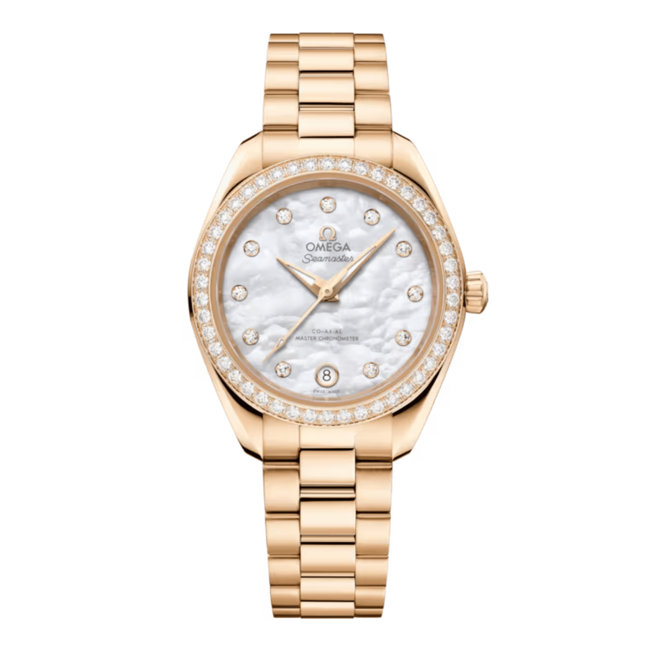 Montre Omega Seamaster Aqua Terra 150m automatique cadran nacre blanche bracelet or Moonshine 30 mm