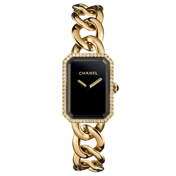 Montre Chanel Première chaîne cadran laqué noir lunette sertie bracelet or jaune grand modèle