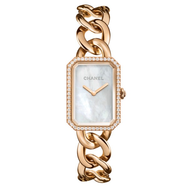 Montre Chanel Première chaîne cadran nacre lunette sertie bracelet or beige grand modèle