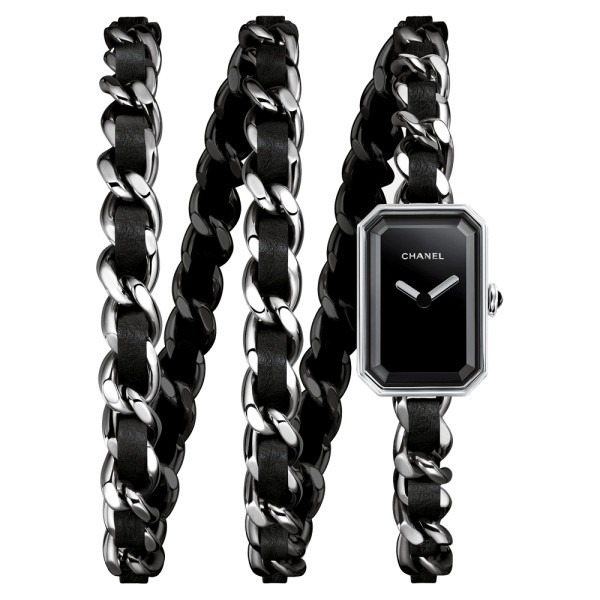 Montre Chanel Première Rock cadran laqué noir bracelet triple-tour acier et cuir noir