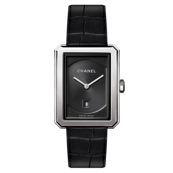 Montre Chanel Boy-Friend cadran noir bracelet cuir d'alligator noir moyen modèle