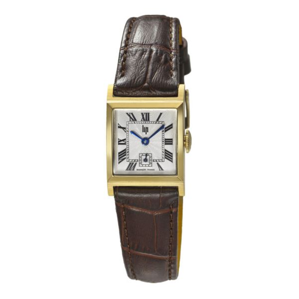 Montre Lip Churchill C18 Dorée quartz cadran argenté bracelet cuir marron 21 x 21 mm