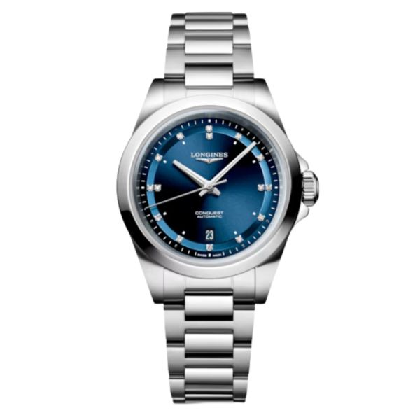 Montre Longines Conquest automatique index diamants cadran bleu bracelet acier 30 mm