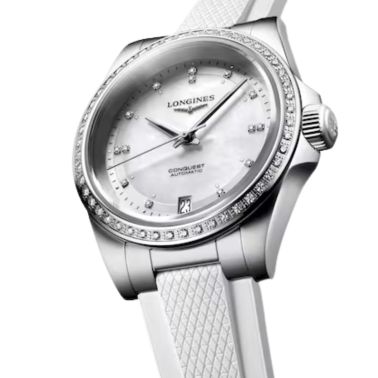 Montre Longines Conquest automatique diamants cadran nacre bracelet caoutchouc blanc 30 mm