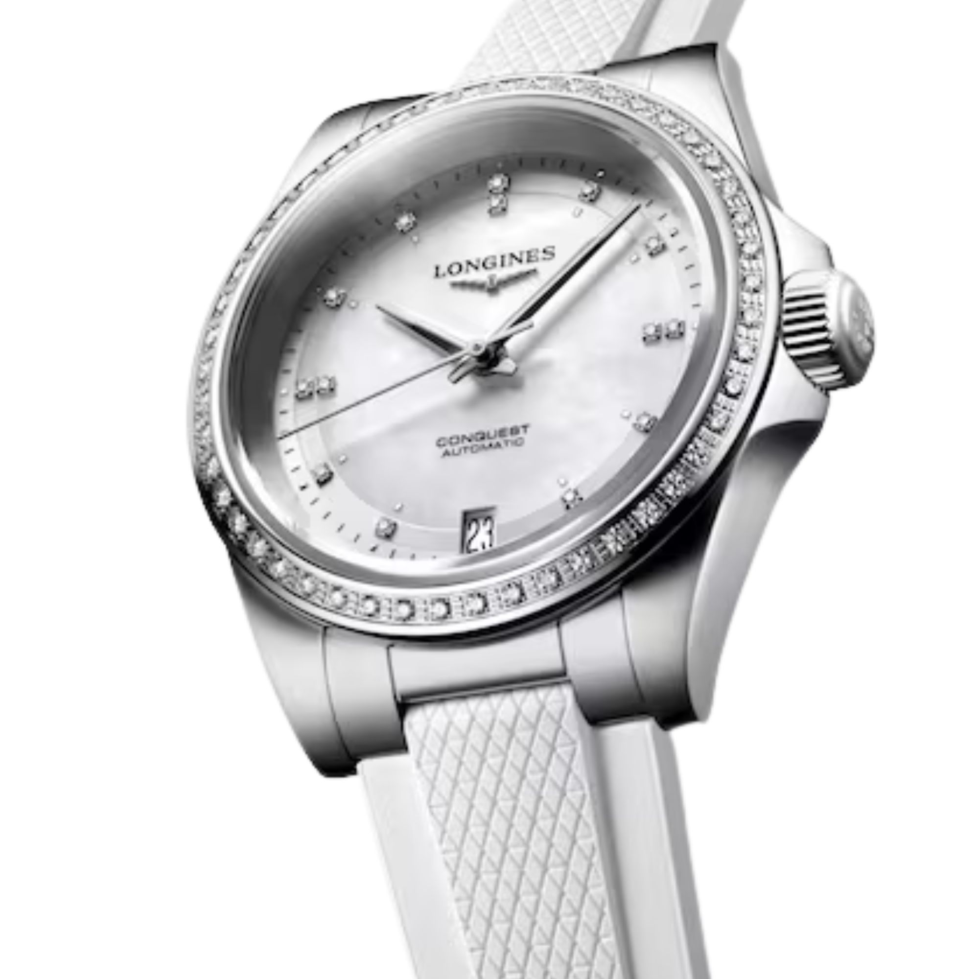 Montre Longines Conquest automatique diamants cadran nacre bracelet caoutchouc blanc 30 mm
