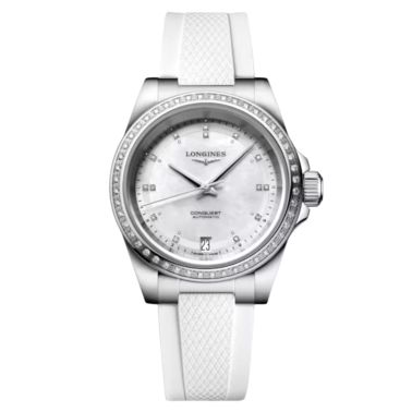 Longines Conquest automatic diamond watch with mother-of-pearl dial and white rubber strap, 30 mm
