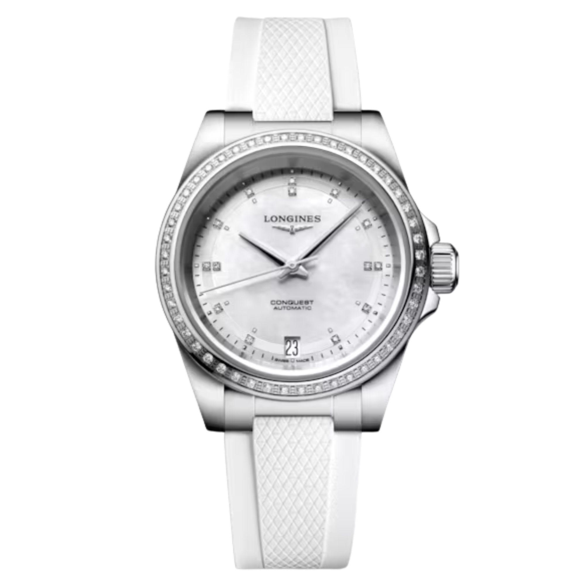 Montre Longines Conquest automatique diamants cadran nacre bracelet caoutchouc blanc 30 mm