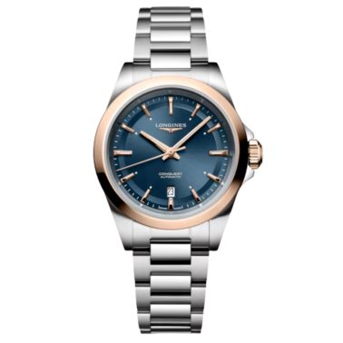 Montre Longines Conquest Or rose automatique cadran bleu bracelet caoutchouc acier 30 mm