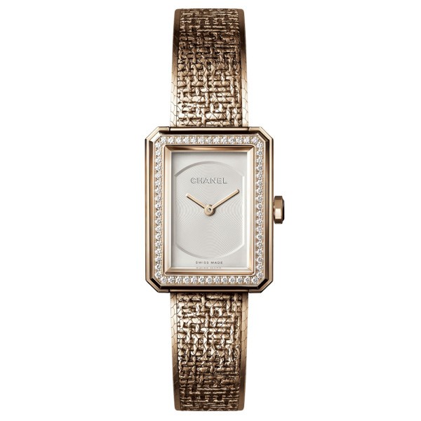 Montre Chanel Boy-Friend tweed cadran opalin bracelet or beige petit modèle