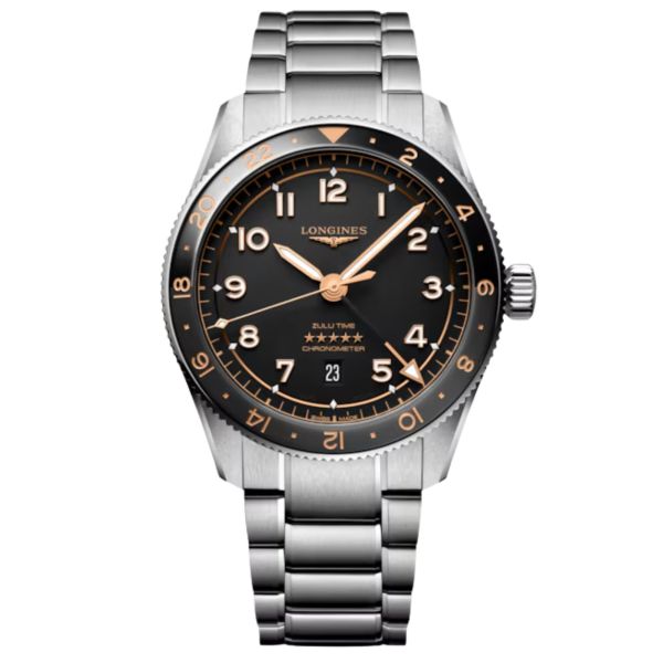 Montre Longines Spirit Zulu Time automatique lunette céramique noire cadran noir bracelet acier 42 mm