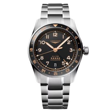 Longines Spirit Zulu Time automatic watch black ceramic bezel black dial steel bracelet 39 mm