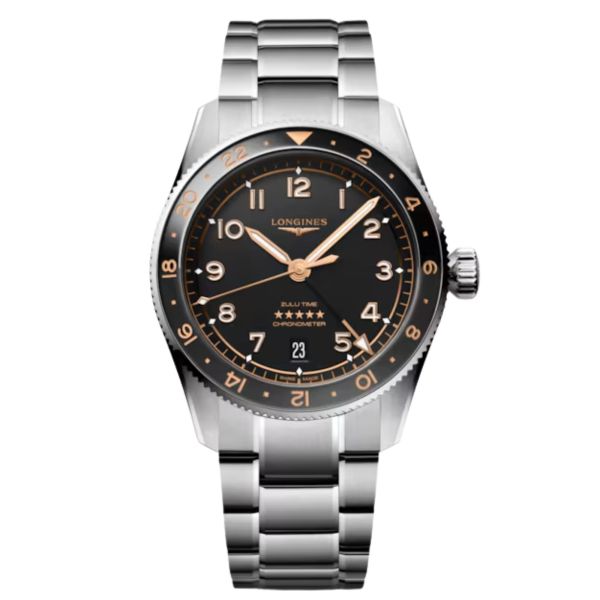 Longines Spirit Zulu Time automatic watch black ceramic bezel black dial steel bracelet 39 mm