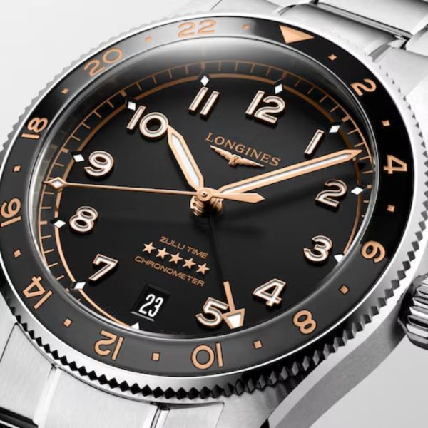 Longines Spirit Zulu Time automatic watch black ceramic bezel black dial steel bracelet 39 mm