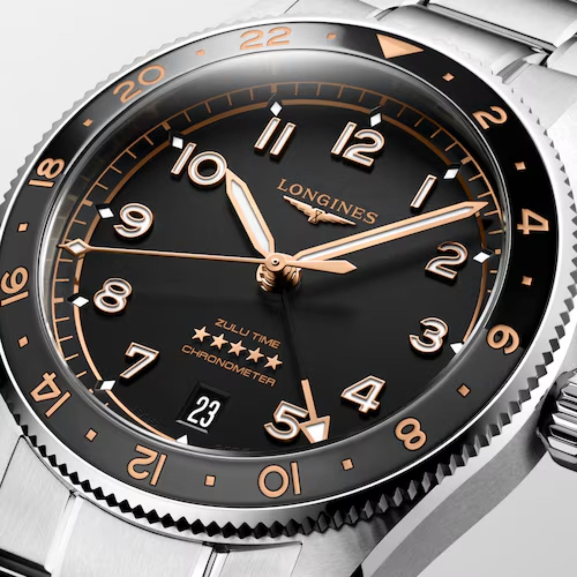 Longines Spirit Zulu Time automatic watch black ceramic bezel black dial steel bracelet 39 mm